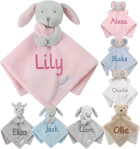 Customizable Infant Security Blanket for Shower, Christening, Newborn – Soft Toy Keepsake (Pink Bunny)