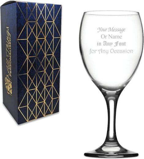 Engraved Imperial Wine Glass: Personalize with any message, font styles available. Laser engraved, includes gift box.