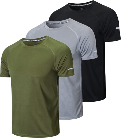 HUAKANG 3 Pack Men’s Sport Shirts – Breathable, Cool Dry Running Tops for Gym.