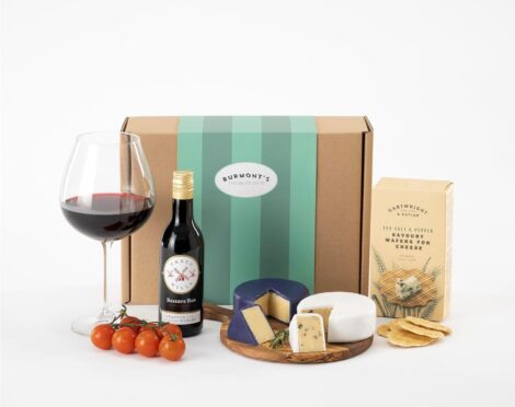 Snowdonia Cheese & Wine Hamper with Rock Star Cave Aged Cheddar, Truffle Trove Extra Mature Cheddar, Three Mills Reserve Red Wine, and Cartwright & Butler Wafers – Exclusive to Burmont’s.