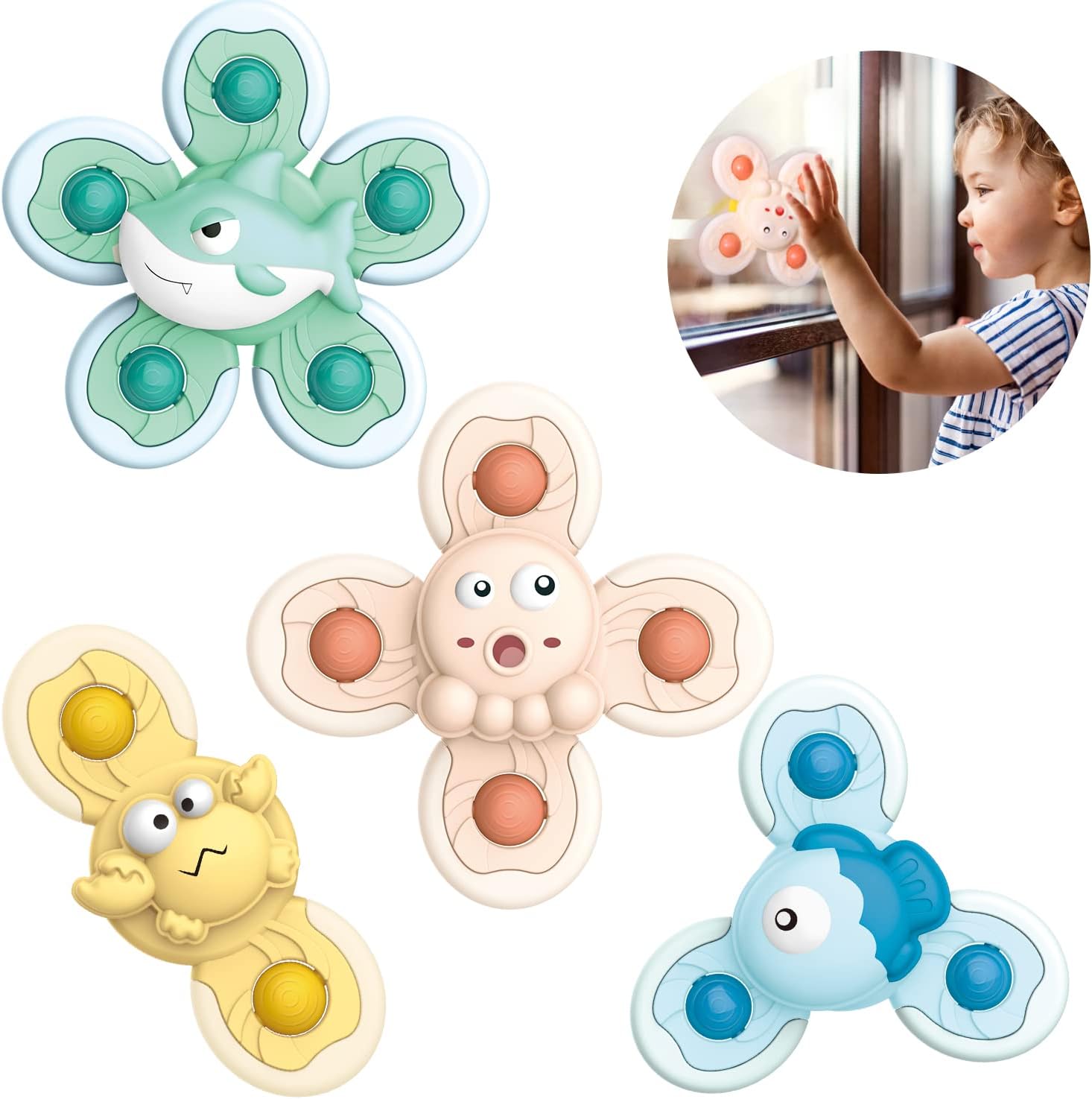 4 Pcs Suction Cup Spinner Toys, Simple Dimple Suction Spinner Toy, Baby Sensory Toys Early Education, Spinning Top Toy Bath Travel Toys, Best Gifts for Toddler Boy Girl