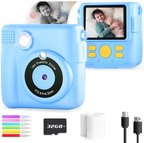 Children’s Instant Print Camera Toy with 1080P HD, Photo Paper, 6 Color Pens, and 32GB SD Card.