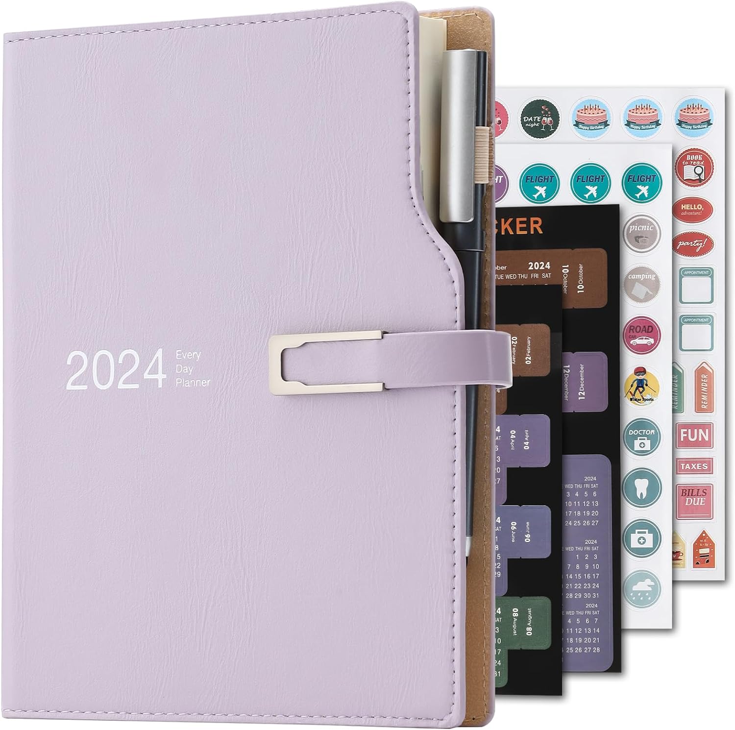 Academic Diary 2024 A5 Day to Page,Schedule Organizer with Calendar Stickers, Agenda Diary Planner with Pen Holder and Pen,Premium Thicker Paper 14 X 21.5 cm (Purple)