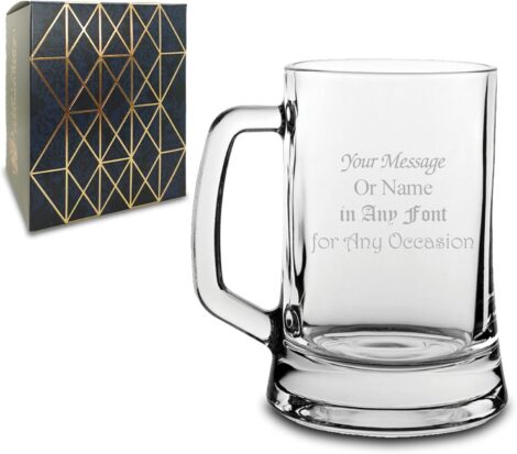 Engraved Glass Beer Stein: Customize with Any Message, Various Fonts, Laser Engraved, Includes Gift Box.