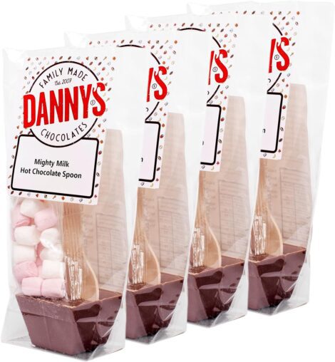 Danny’s Hot Chocolate Spoons – 4 x Large Mighty Milk & Mallows Stirrers – Xmas Box Fillers – Secret Santa Gifts – Hot Choc Sticks