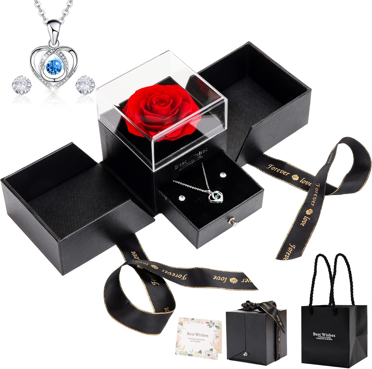 UUEMB Preserved Real Rose, Forever Gift Box with Heart Shaped Necklace and Earrings, Gifts for Mother Wife Girlfriend Sister Daughter Women on Birthday, Anniversary, Valentine's Day, Mother's, Black