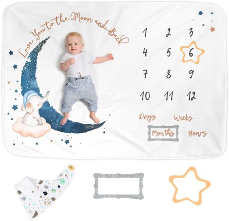 Luka&Lily Baby Monthly Milestone Blanket – Ultrasoft Newborn Boy Age Mat – Elephant Moon Theme