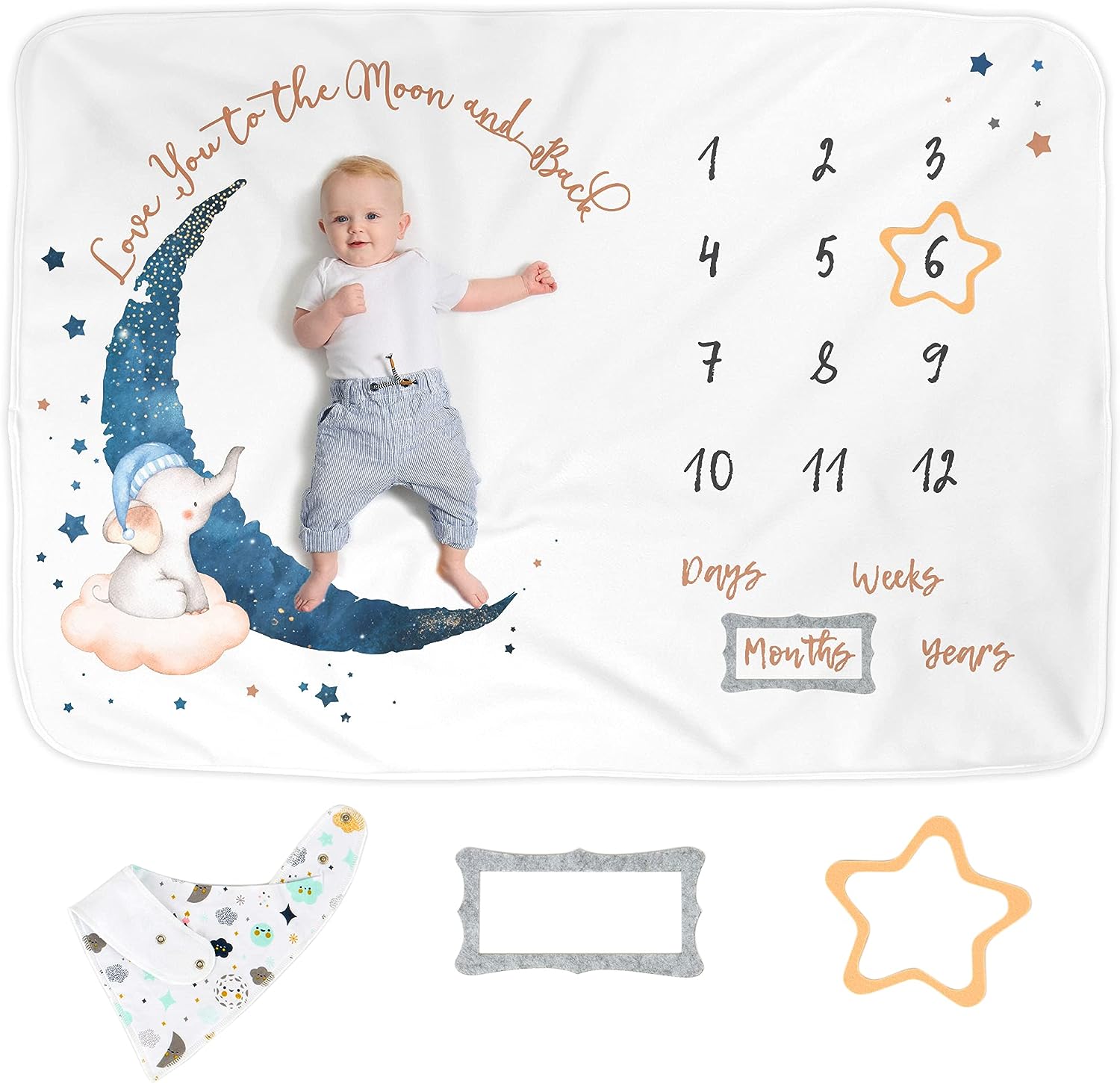 Luka&Lily Baby Monthly Milestone Blanket for Boys - Ultrasoft Newborn Boy Age Mat - Unisex 60"x40" (152.4cm x 101.6cm) - Elephant Moon Themed