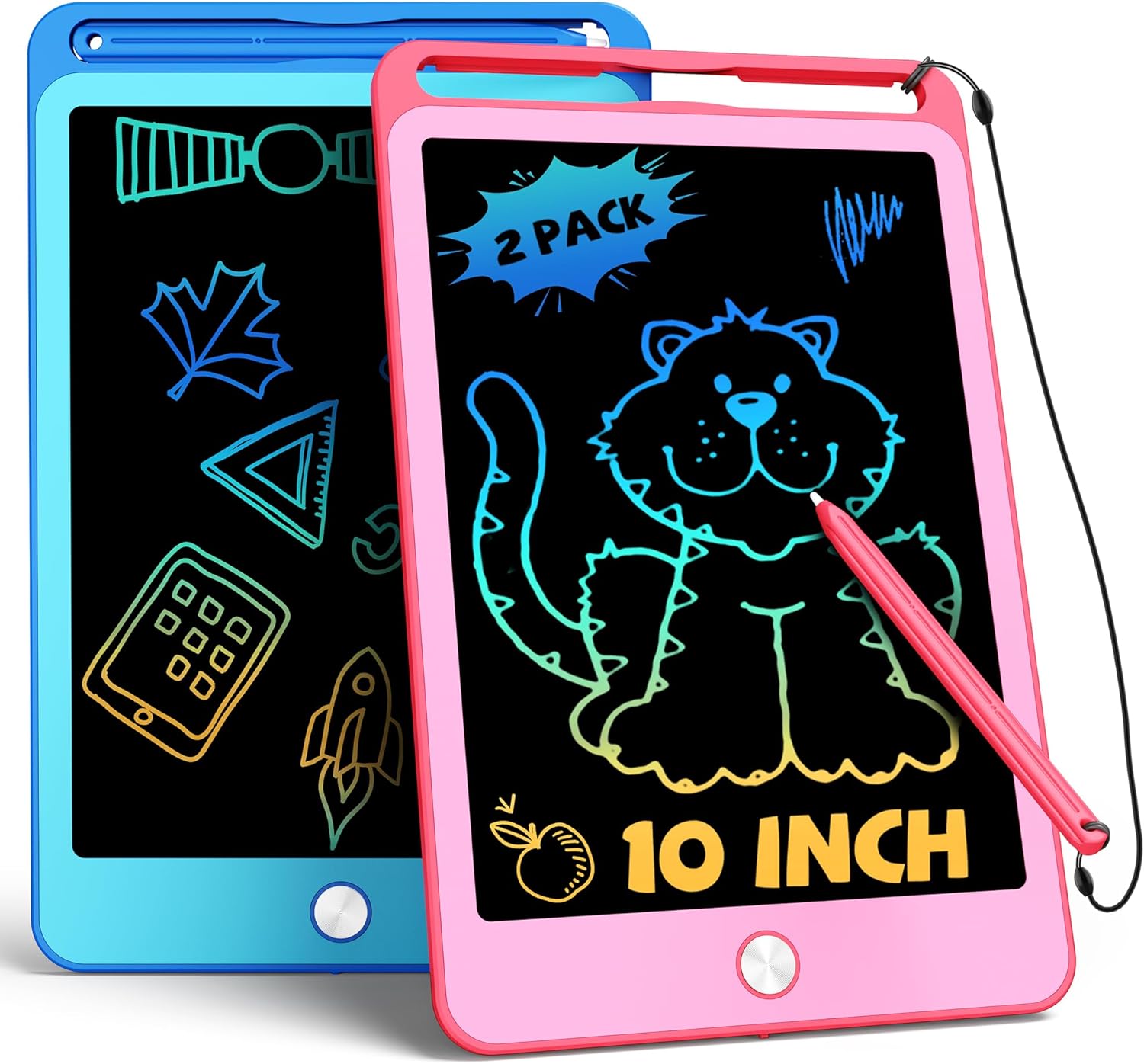 TEKFUN 2 Pack LCD Writing Tablet for Kids,10 Inch Doodle Board Drawing Board Reusable Drawing Tablet with Lanyard,Educational Kids Toddler Toys Birthday Gift for Boys Girls 2 3 4 5 6 Years Old