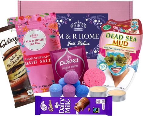 Women’s pamper gift set: UK-made relaxation bath hamper with spa treats; perfect care package or birthday surprise.