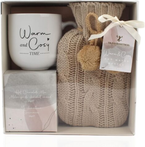 Hot Chocolate Gift Set: Mug, Marshmallows, and Mini Winter Hot Water Bottle with Cosy Cover