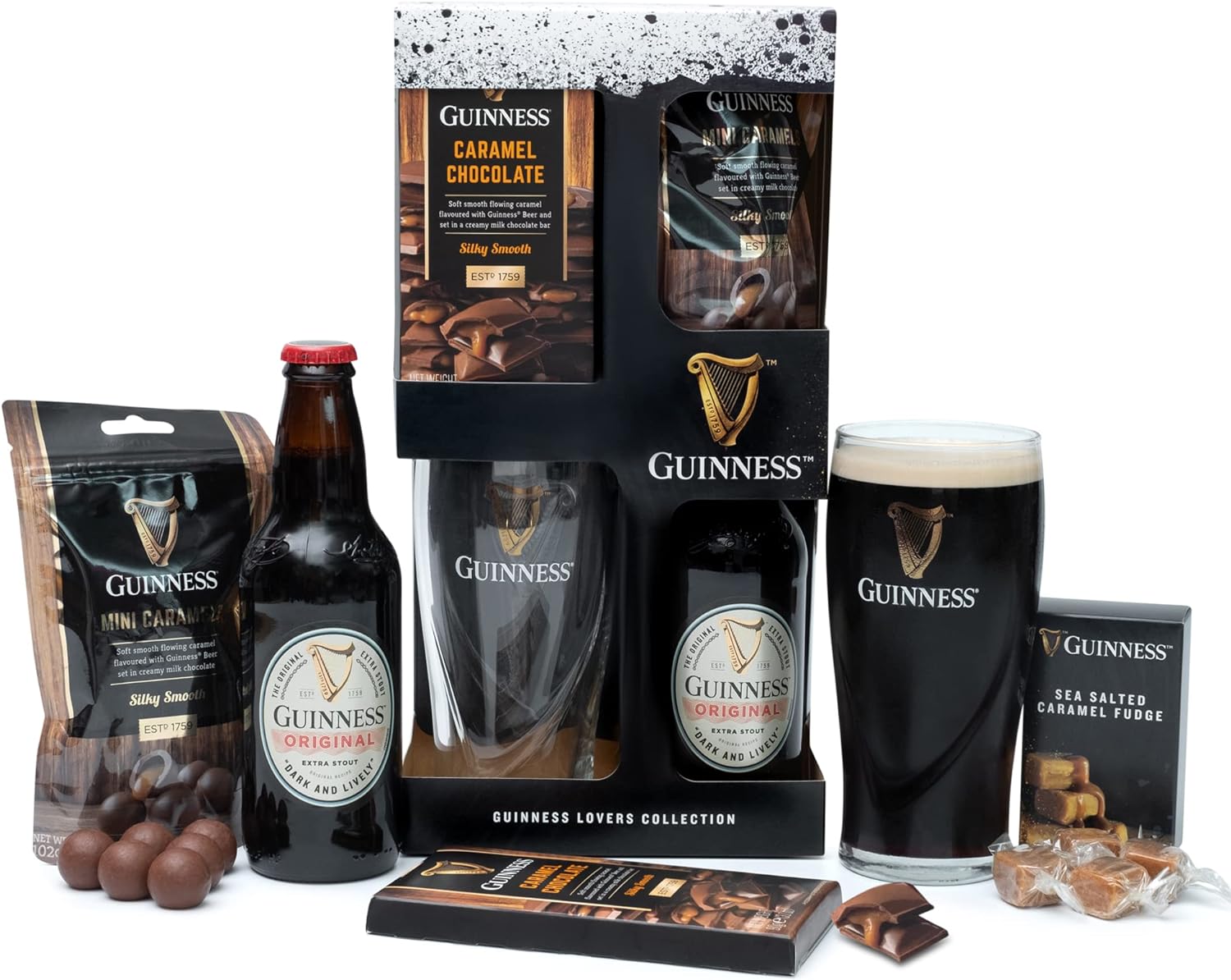 Guinness Gifts, Official Guinness Beer Gift and Chocolate Mens Hamper - 1x Guinness 330ml, Guinness Glass, Milk Chocolate, Caramel Fudge - Christmas Guinness Gifts For Men, Beers Hampers - Irish Gifts