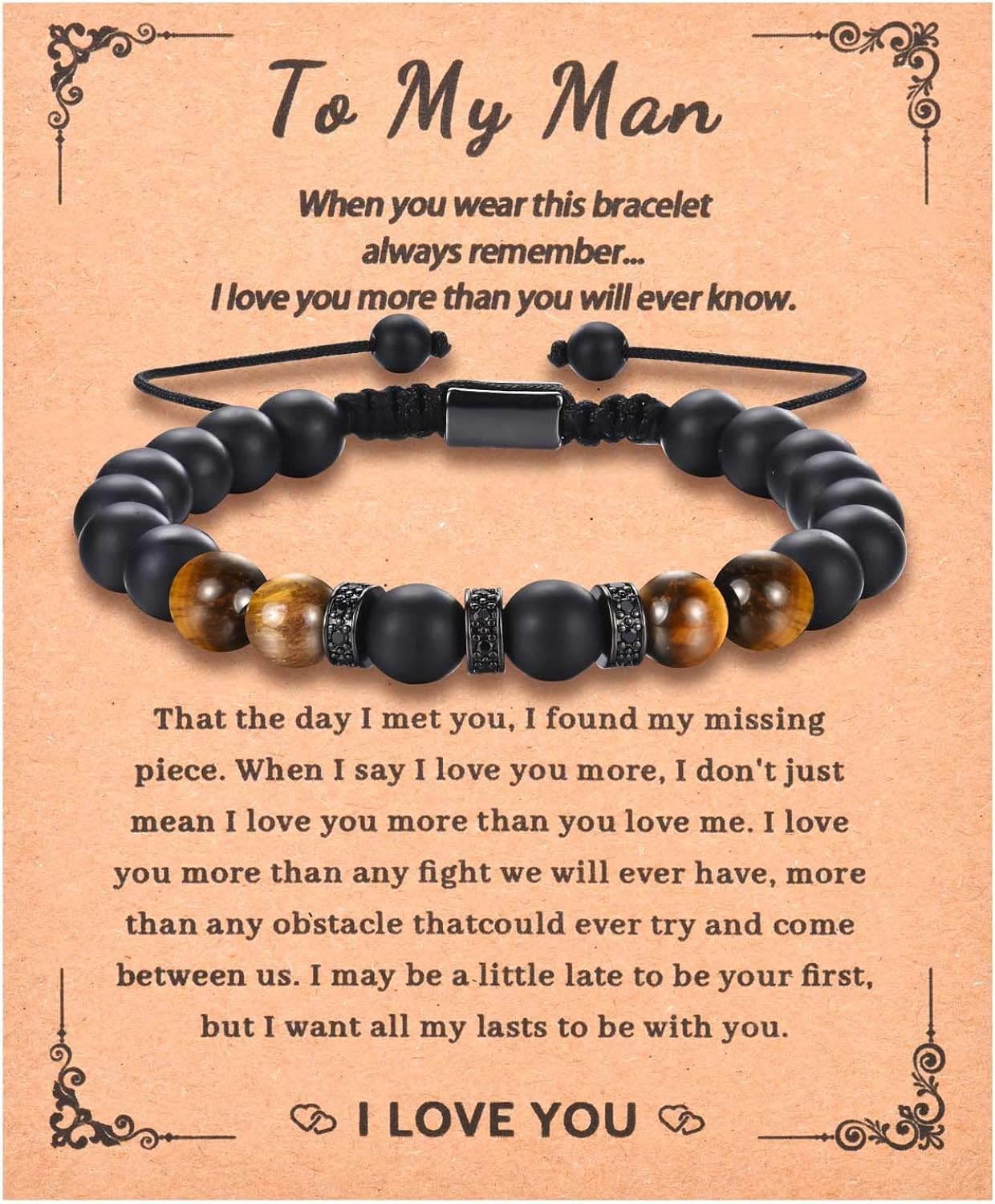 KORAS Gifts for Him, Boyfriend Husband Bracelet Tiger Eye Bracelet Black Matte Stone Bracelet for Dad Son Uncle, Adjustable Beads Bracelet Present for Anniversary Birthday Fathers Day Christmas Valentines Day