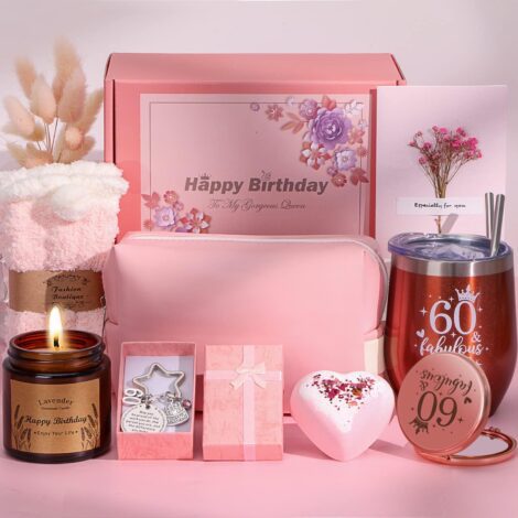 Personalized 60th birthday hampers for women, with funny pamper gifts for sister, wife, or best friend.