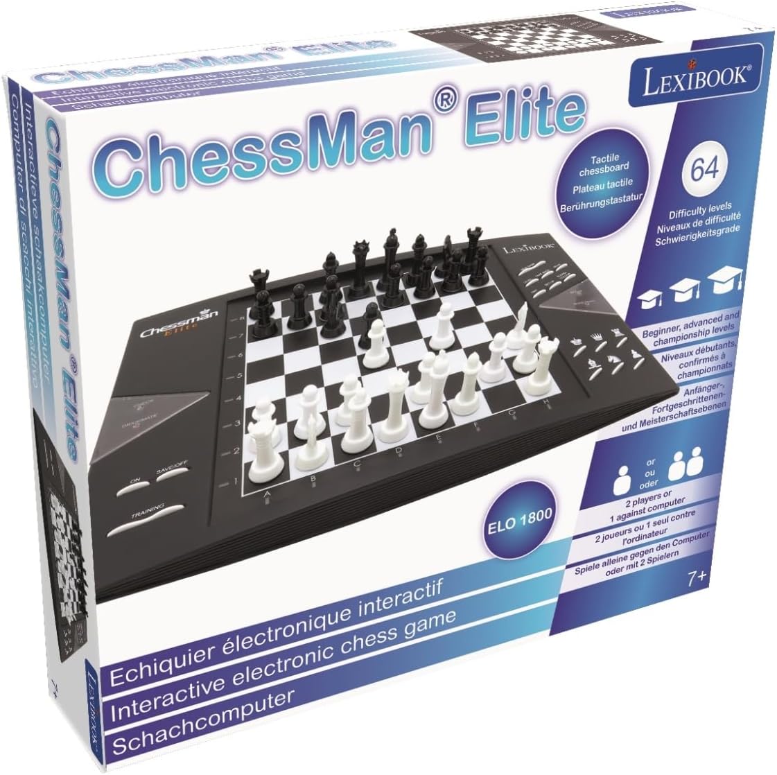 Lexibook CG1300 Chessman Elite, Interactive Electronic Chess Game, 64 Levels of Difficulty, LEDs, Battery Powered or 9V Adapter, Black/White, 1 Player