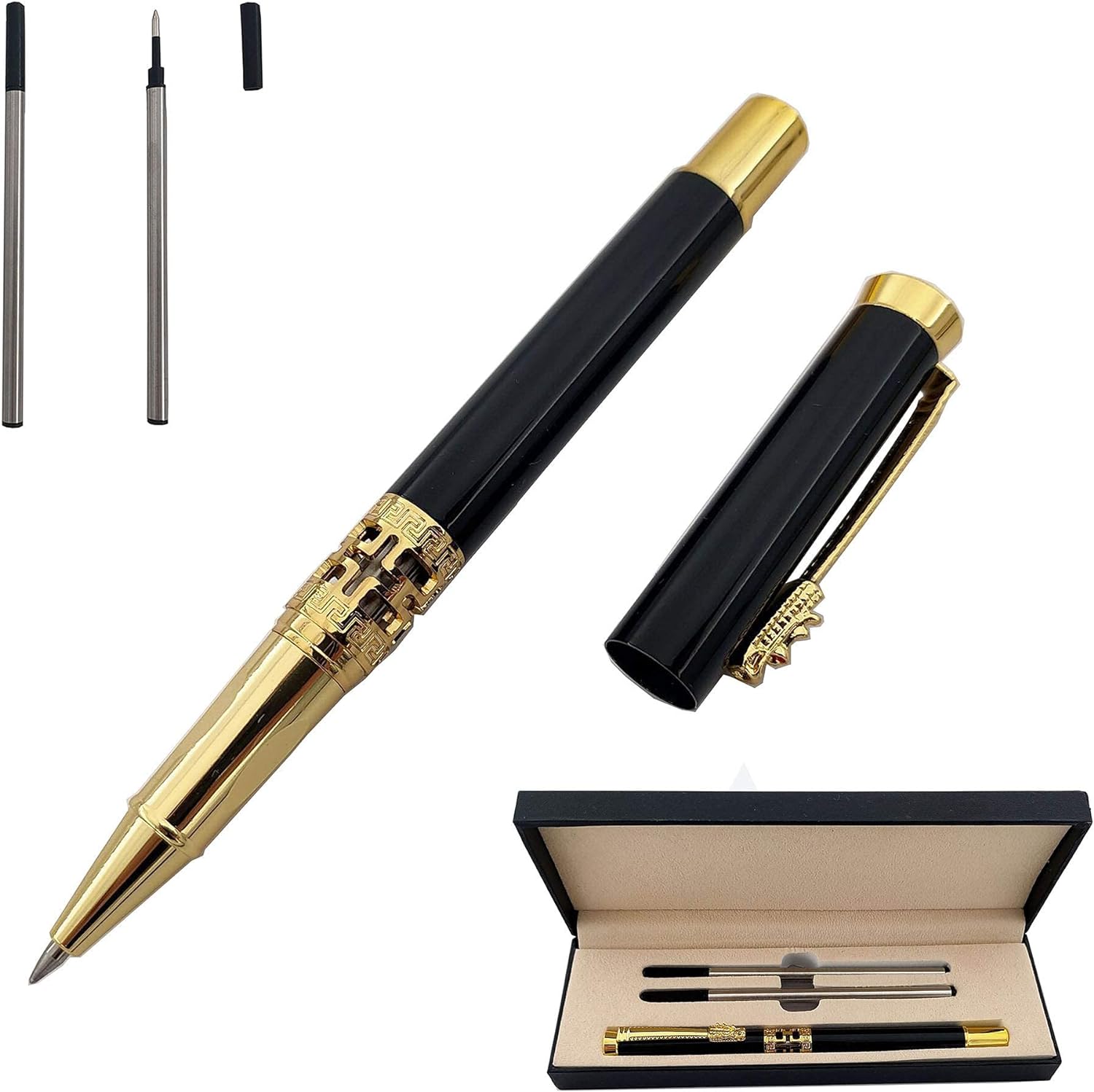 Accod Metal Rollerball Pen Retro Classic Signature Pen Business Gift Ballpoint Pen Smooth Writing Rollerball Pen for Men and Women with Two 0.5MM Black Pen Refills-Premium Gift Box (Black)