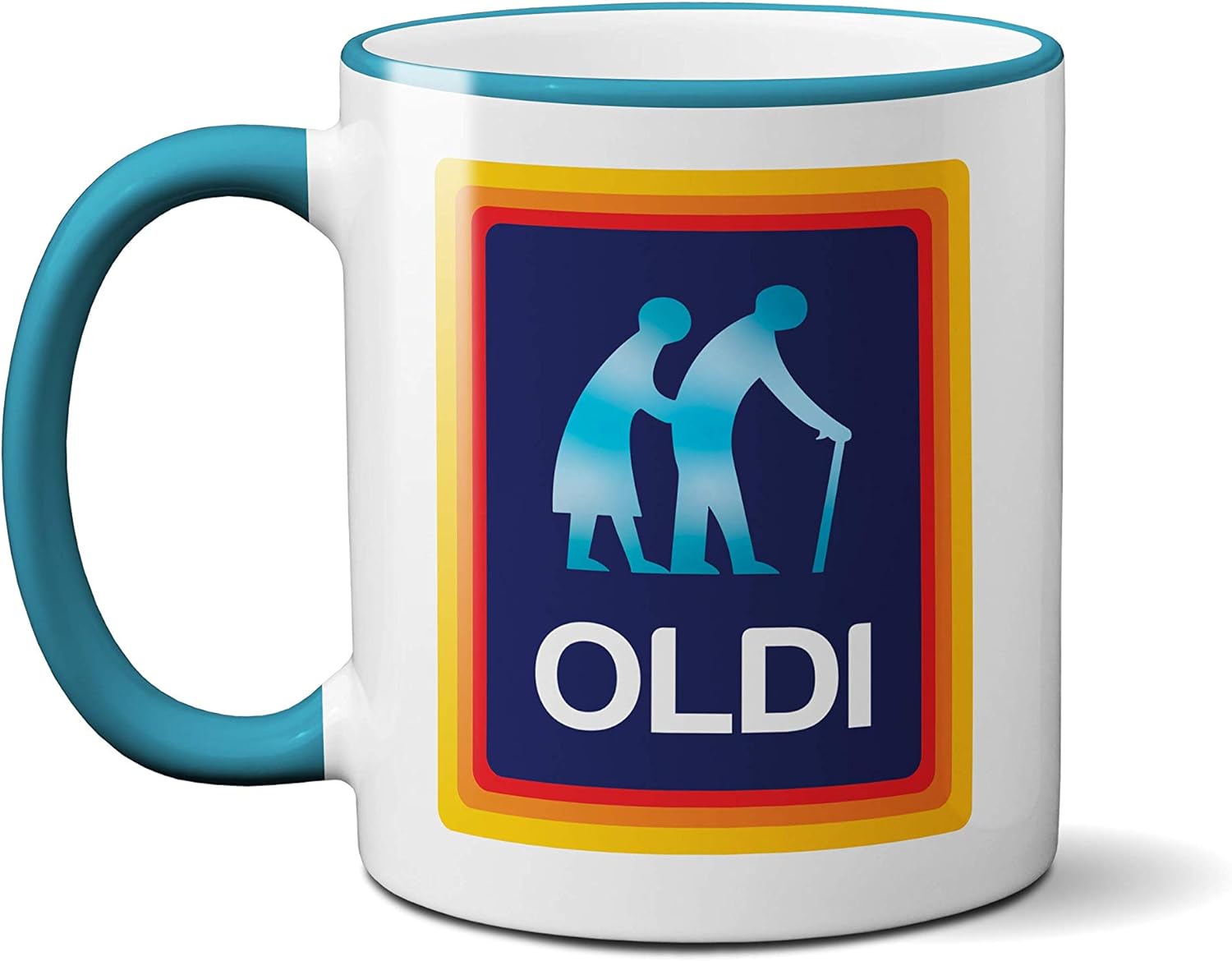 Oldi Mug- Birthdays Christmas Funny Gift Presents Celebration Novelty Old Large Heavy Duty Handle Dino Coated Dishwasher/Microwave Safe Sublimation Ceramic (Blue Handle Prime)