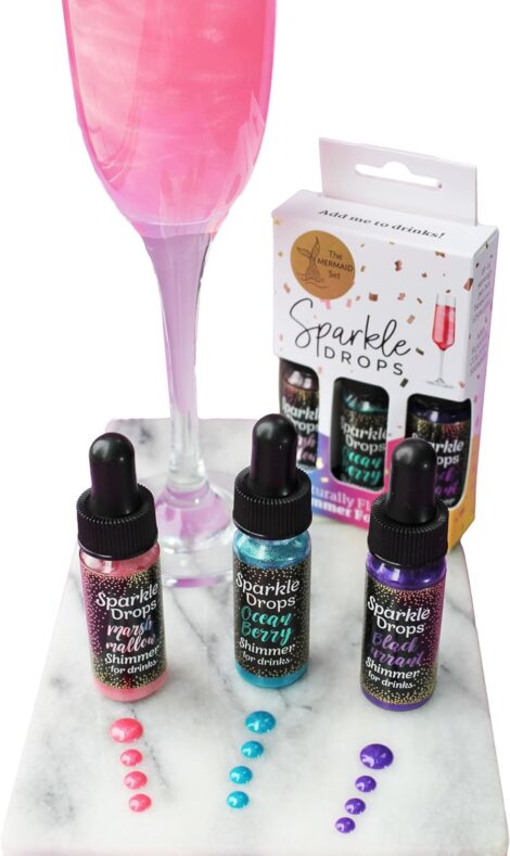 Mermaid Shimmer Gift Set enhances Gin, Prosecco, and Sparkling Wine with Sparkle Drops (30ml).