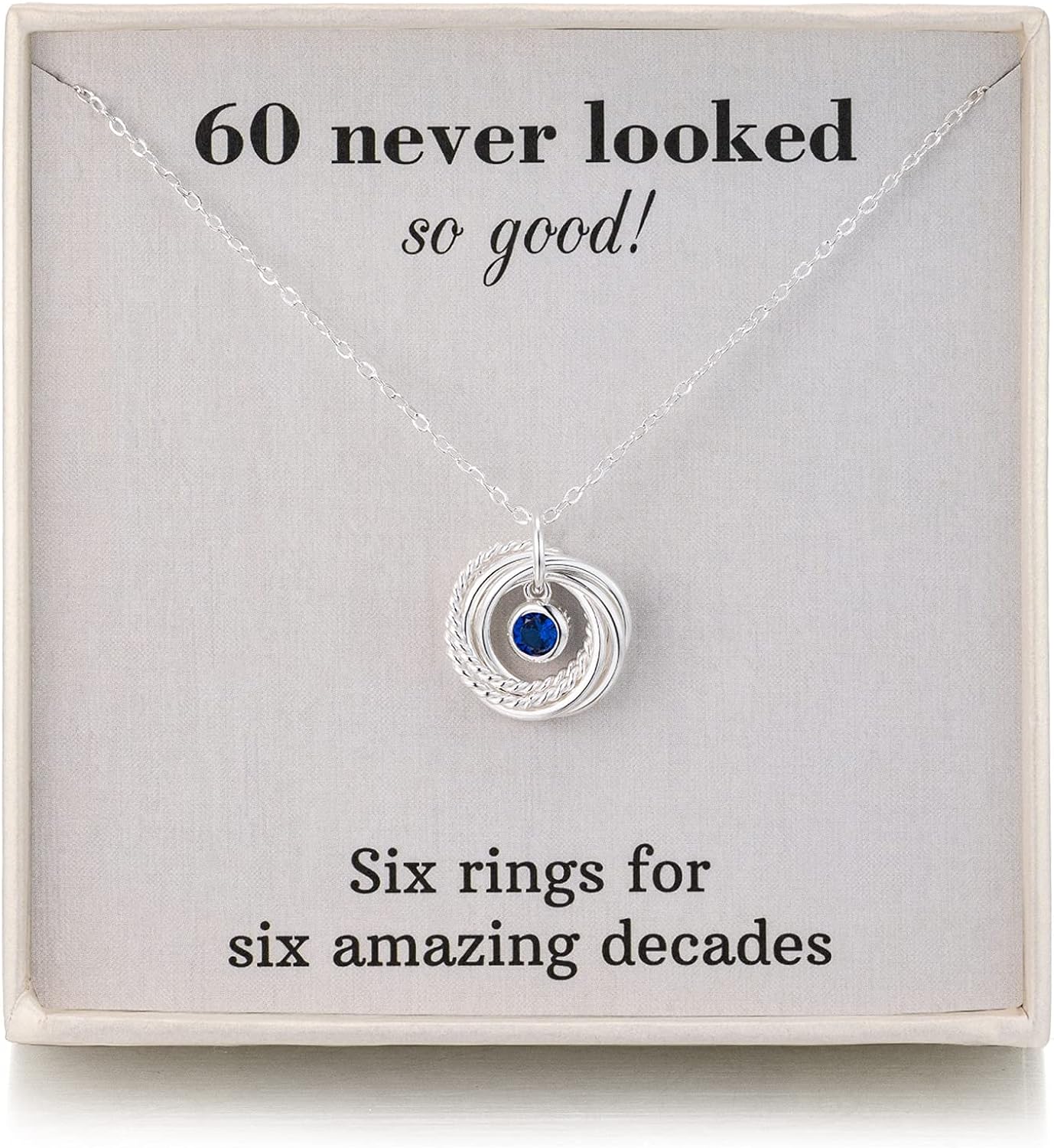 RareLove 60th Birthday Gifts For Women Jewellery,925 Sterling Silver 6 Rings Sapphire Birthstone Necklace,60 Birthday Gifts for Mum Best Friends,Six Rings for Six Decades