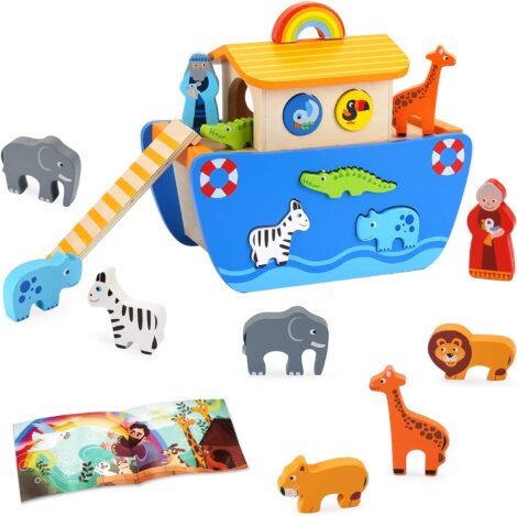 Wooden Noah’s Ark Toy Animal Playset, Gifts for 2 3 Boys Girls, Early Learning Montessori Toys