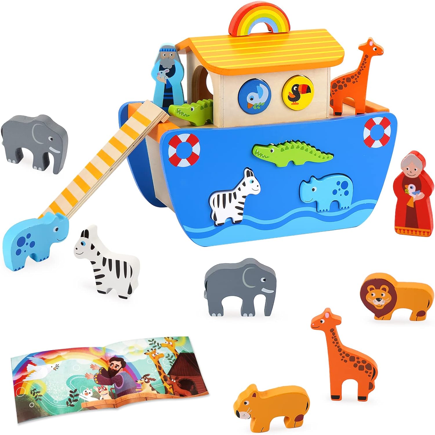 KMTJT Toddlers Wooden Noah's Ark Toy Animal Playset, Baptism Gifts for 2 3 Boys Girls, Shape Sorter Early Learning Montessori Toys with Bible Story Book for 24 Months Babies