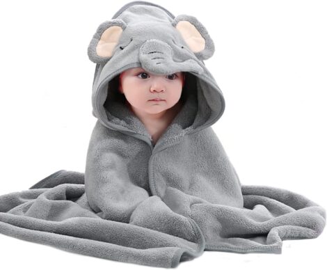 Grey Animal Design Hooded Baby Towel: Soft, Absorbent Bath Towel for Newborn Boy and Girl