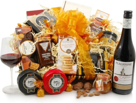 Wine and Cheese Feast Gift Basket – Award-Winning Wine, Cheeses, Chutney, Chocolates, and more.