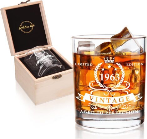 60th Birthday gift set for men with 1963 whiskey glass in a wooden box.