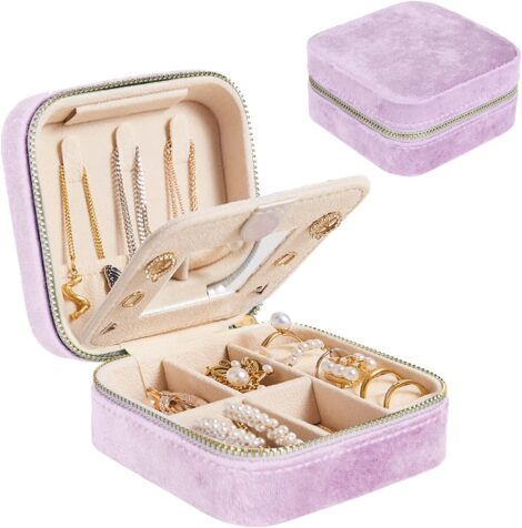 Purple velvet mini jewelry box with mirror and double layer compartments, perfect for travel or as a gift.