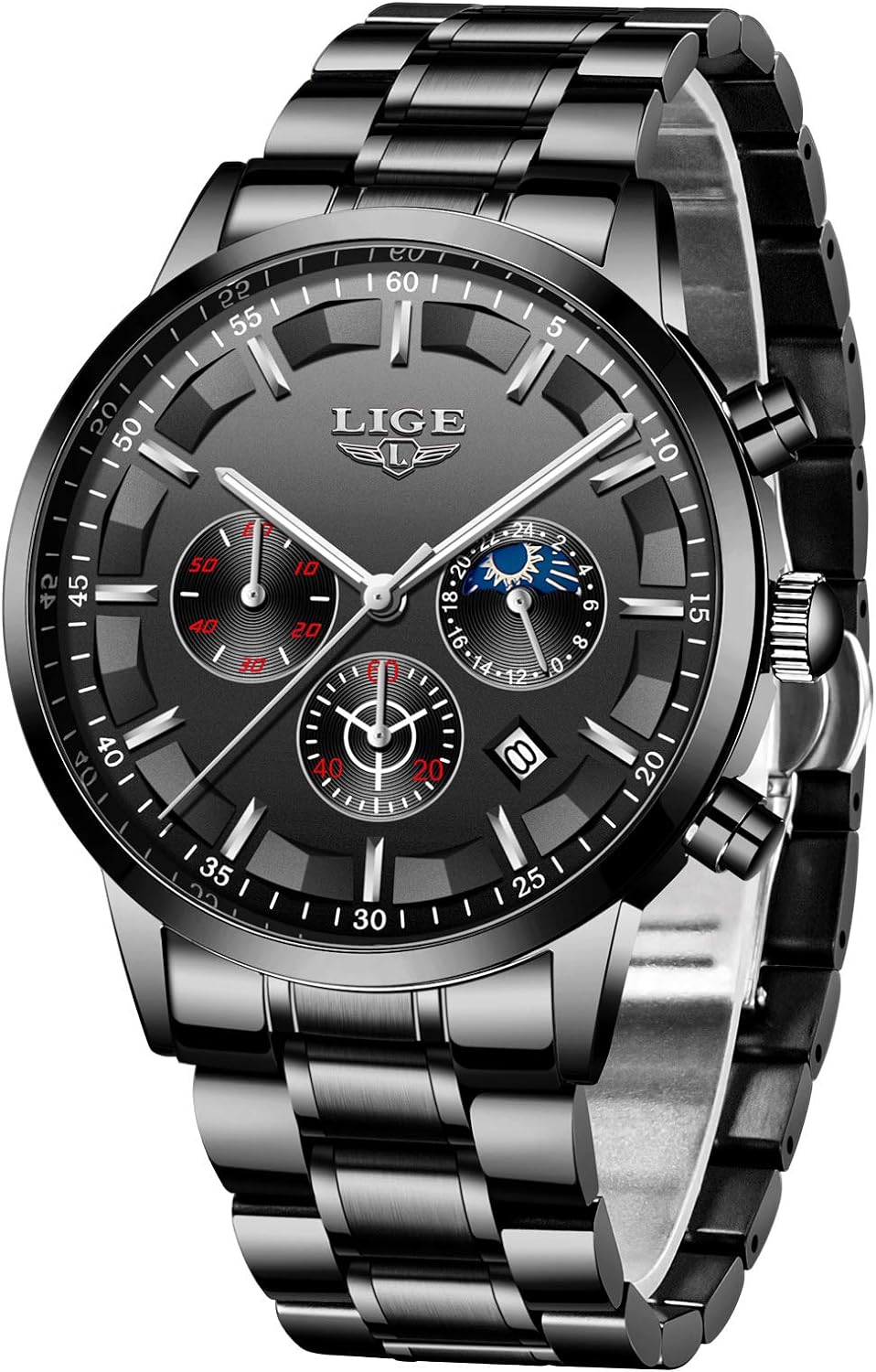 LIGE Mens Watch Fashion Sports Chronograph Waterproof Analog Quartz Stainless Steel Strap Casual Watch