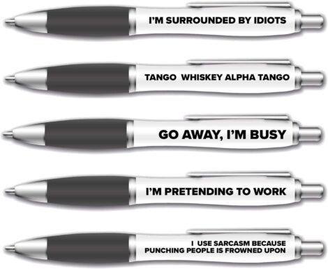 5 Funny Ballpoint Pens Set – Office Desk Accessories – Quirky Gift for Colleagues and Friends