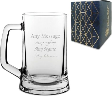 Custom Beer Mug: Engrave with Any Message, Various Fonts – Ideal for Special Events, Laser Engraved, Gift Box – Great for Weddings, Birthdays.