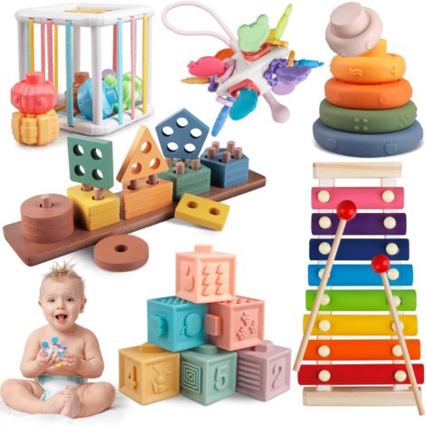 Aliex 6 in 1 Montessori Baby Toys: Stacking Blocks, Shape Sorter, Xylophone. Perfect for 6m-3yrs.