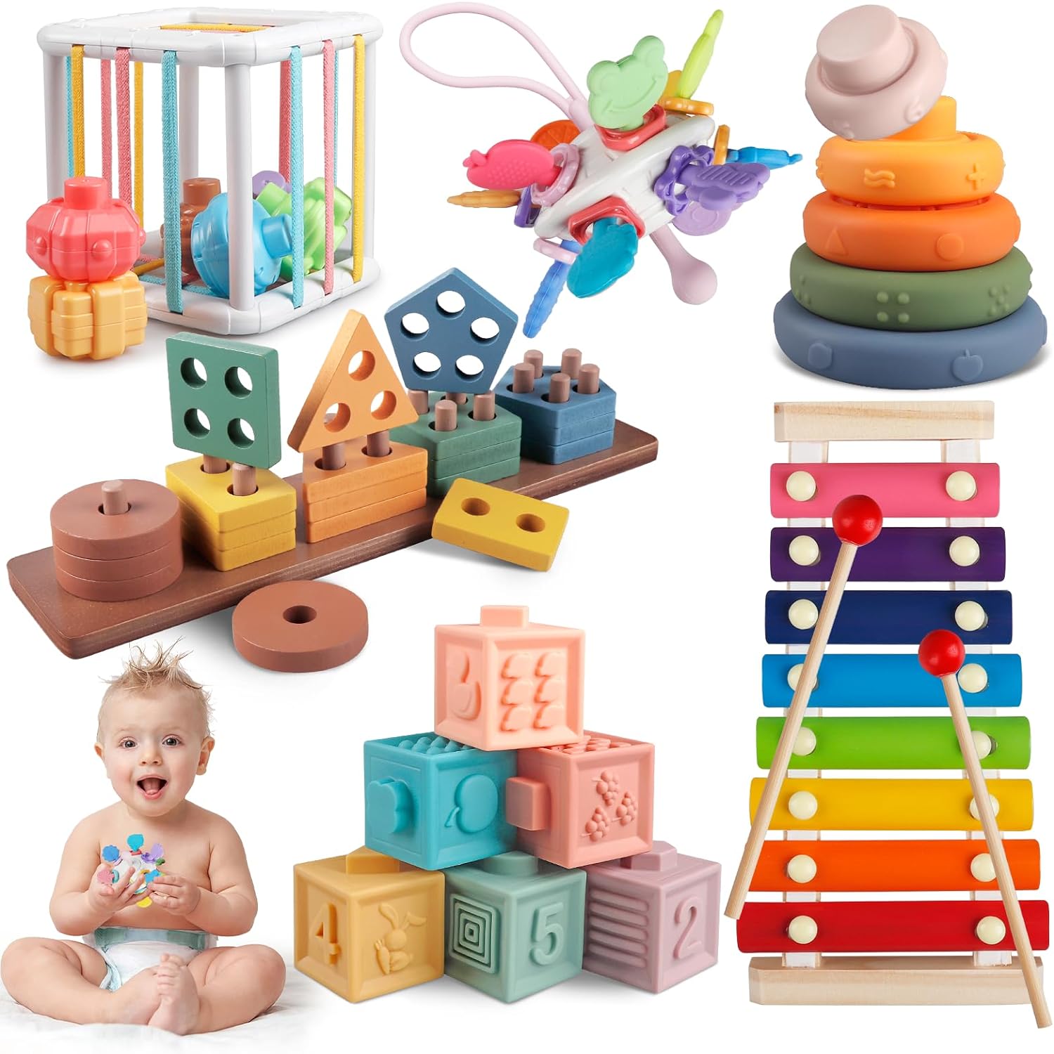 Aliex 6 in 1 Montessori Toys for Babies 6 Months - 3 Year Old, Baby Toys Stacking Rings Blocks Wooden Shape Sorter Activity Cube Xylophone Gifts for Baby Boys Girls 6 9 12 Months 1 2 3 Year Old