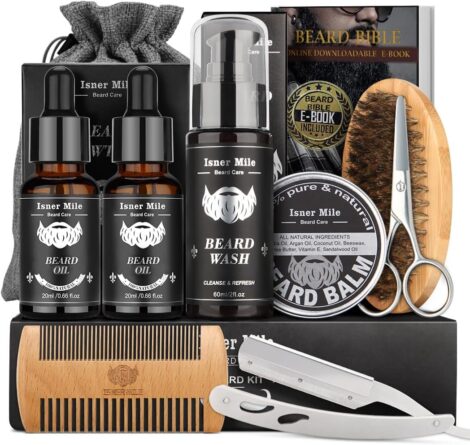 Men’s Beard Care Set with Shampoo, Oil, Balm, Trimmer, Brush, Comb, Scissors – Perfect Father’s Day Gift