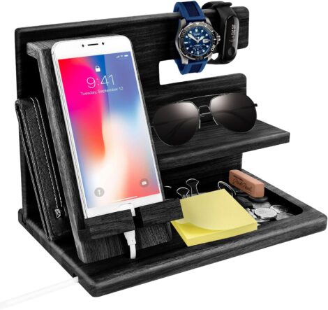 Wooden Phone Docking Station – Bedside Organizer for Men and Women. Perfect Anniversary, Birthday, or Christmas Gift.