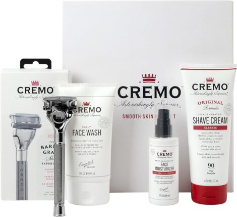 CREMO Men’s Skin Care Gift Set: Face Wash, Razor, Shave Cream, Moisturizer – Compact Kit.