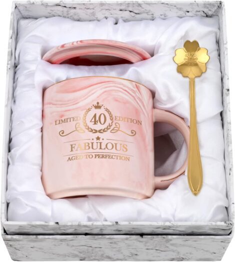 40th Birthday Joy Gift for Women, 12oz Pink Coffee Mug Set with Gift Box