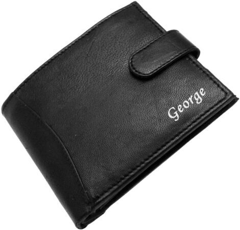 Customized Black Engraved Leather Men’s Wallet with Coin Pouch Gift (Jet Black)