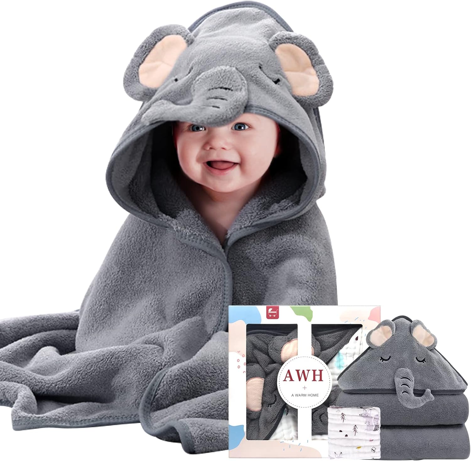 ZXK CO Hooded Baby Bath Towel, Absorbent Baby Towel with Elephant Hood, Flannels Baby Blanket Set with Baby Muslin Squares, New Born Baby Essentials, Personalised Baby Gifts for Newborn