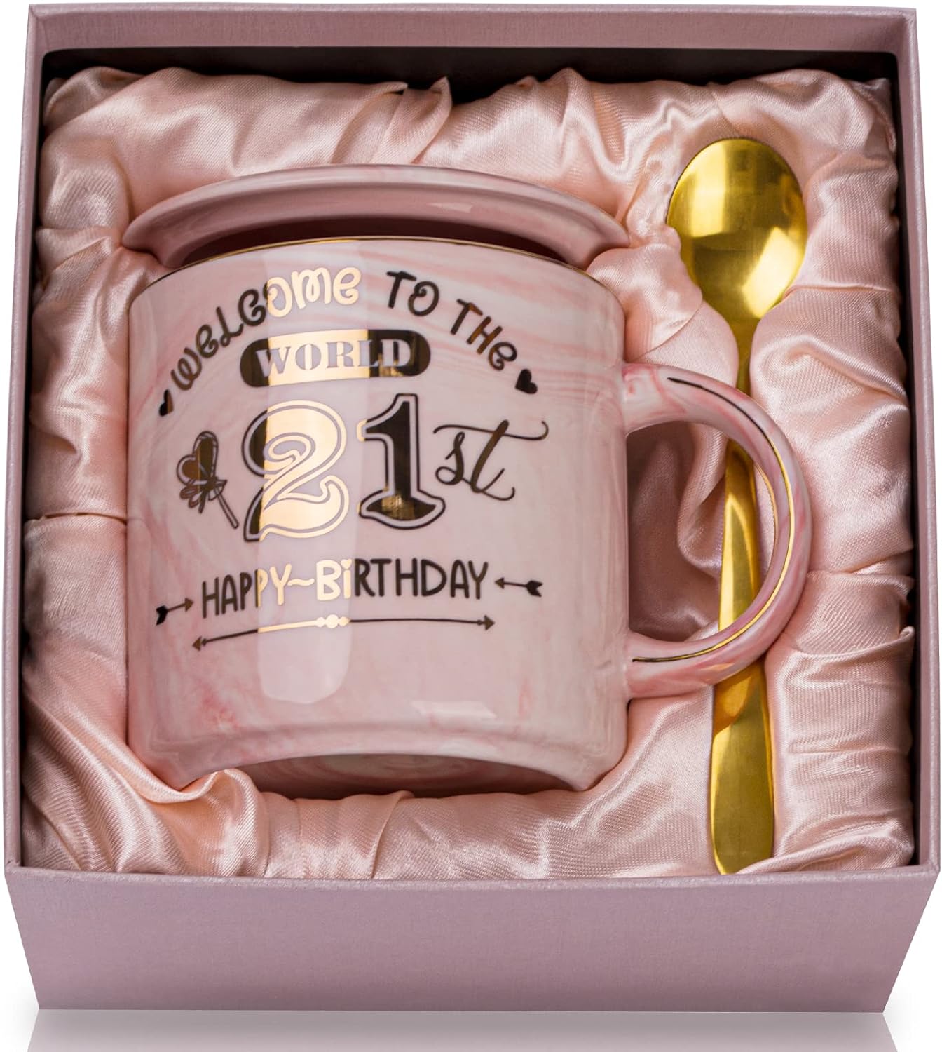 ALBISS 21st Birthday Gifts for Her Keepsake, 14oz Lovely Pink Marble Ceramic Cup Printed with Gold, Lid, Spoon, Greeting Card, Happy 21st Bday Mug Present for Daughter, Girl, Sister, Niece, Gift Boxed