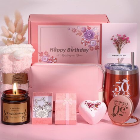 Personalized 50th birthday hampers for women: Funny pamper gift basket for best friend, mom, sister, wife.