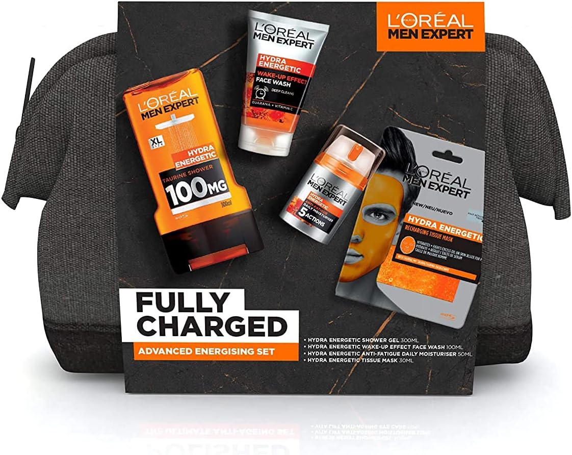 L'Oréal Men Expert - Gift Set for Men - Hydra Energetic Fully Charged Washbag - Complete Energising Face & Body Skincare Routine