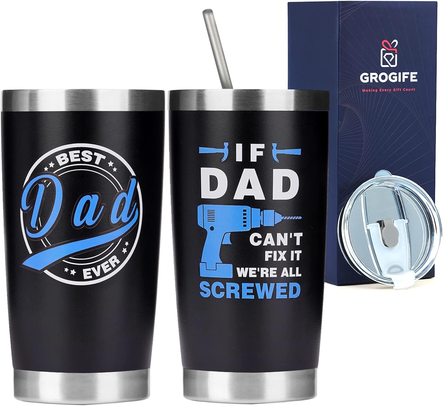 Dad Gifts from Daughter Son Wife Kids, Insulated Mug Best Daddy Birthday Christmas Stocking Fillers Presents Ideas, Funny Coffee Cup for Step Dad Bonus Dad Grandad, Tumbler with Straw and Lid 600ml