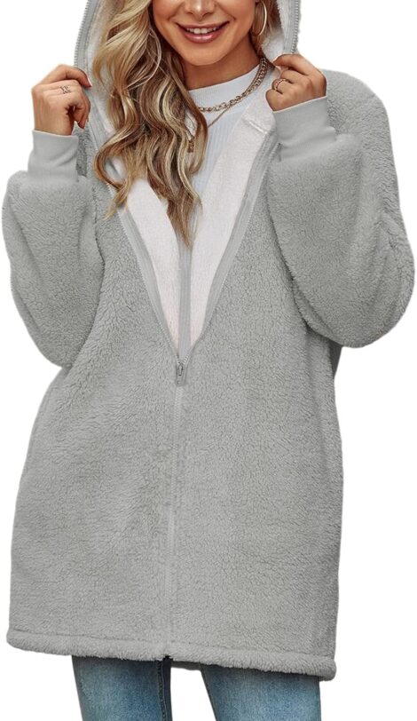 Voqeen Women’s Winter Warm Sherpa Lined Oversized Hoodie Coat with Pockets.