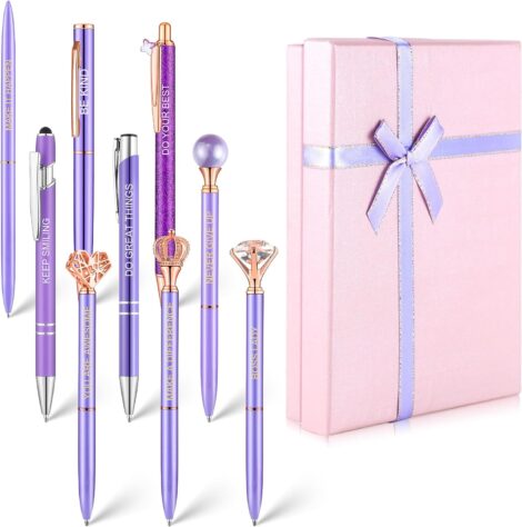 9-Piece Women’s Gift Box: Purple Metal Ballpoint Pens with Crown Diamond Heart Star Designs, Retractable for Students, Teachers, Nurses.