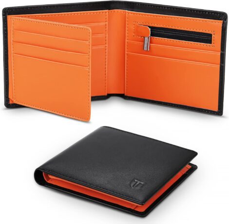 Slim RFID blocking leather wallet for men with 11 card slots, coin pocket, and gift box.