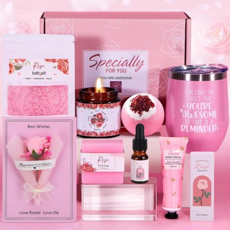 Women’s birthday gift set with rose pamper hampers, perfect for mom, sister, wife, best friends. Self-care package for relaxation, ideal for anniversary, Christmas gifts.