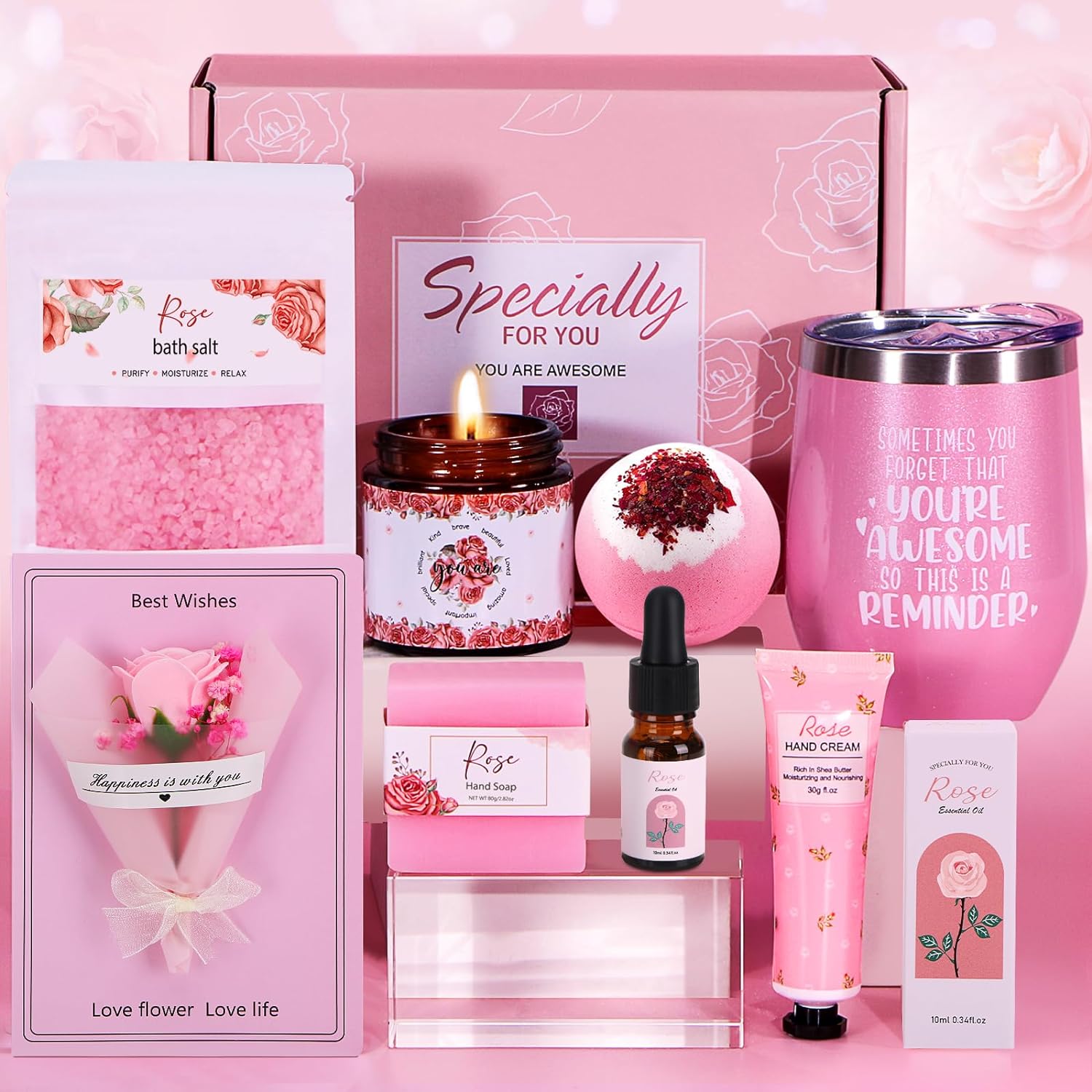 Birthday Gifts for Women,Rose Pamper Hampers for Her,Presents for Mum,Sister,Wife, Best Friends,Relaxation SPA Gifts Set Ladies Self Care Package for Her Anniversary, Christmas Xmas Gifts for Women