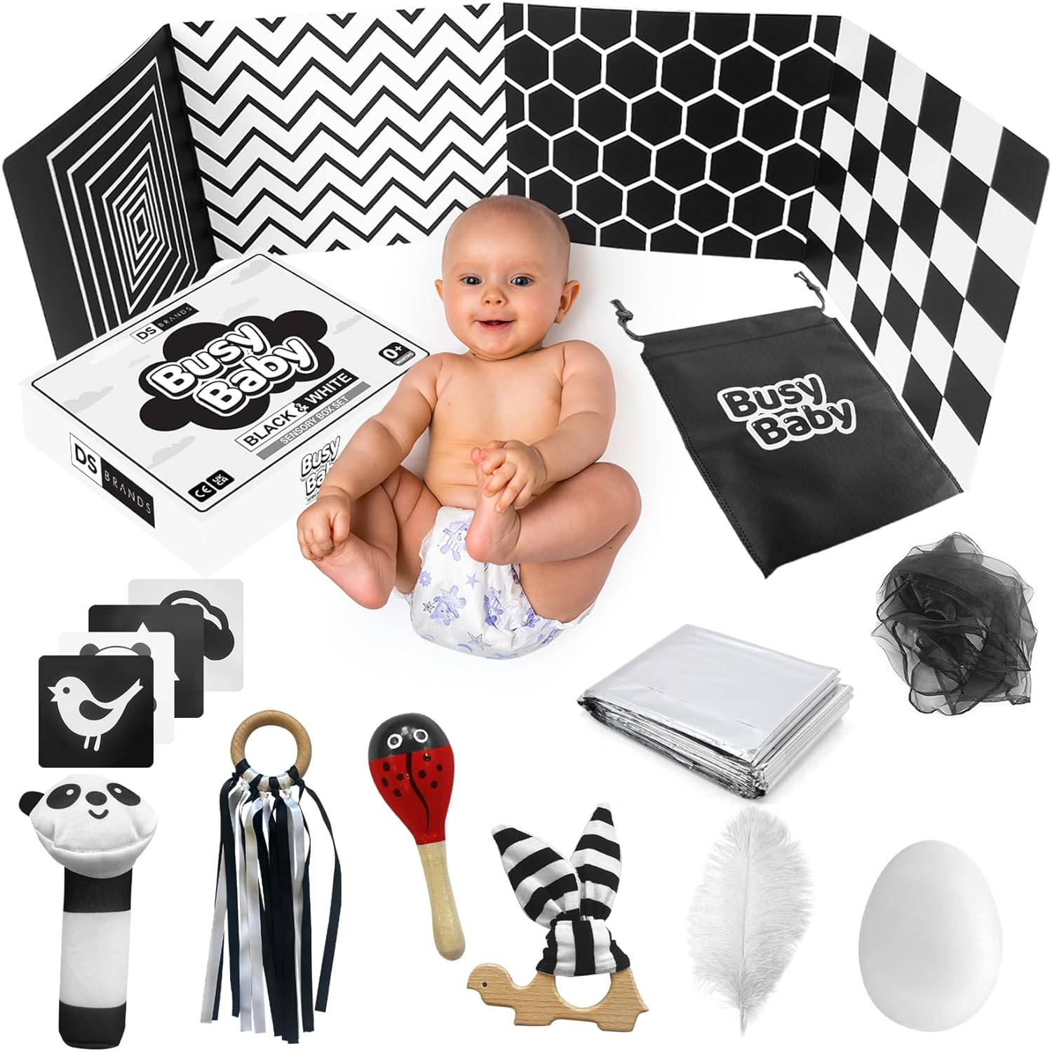 DS Brands Black and White Sensory Toys for Babies - Sensory Baby Toys 0-6 Months - Ribbon Ring, Scarf, Sensory Board, Cards, Maracas, Foil Blanket-Newborn Girl Boy Christmas Stocking Filler Gift Box